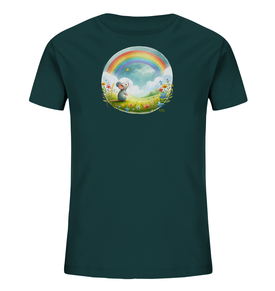 Onlineshop Shirts fuer Kinder - Das dunkelgruene T-Shirt zeigt eine kreisfoermige Grafik eines charmanten Maeuschens. Die Maus sitzt in einer Blumenwiese und blickt zu einem strahlenden Regenbogen am Himmel. Das Motiv umfasst leichte Regentropfen, Wolken und einen kleinen Schmetterling, was eine heitere Szenerie darstellt. Dieses liebevolle Design verleiht dem Shirt einen verspielten Look fuer Kinder.
