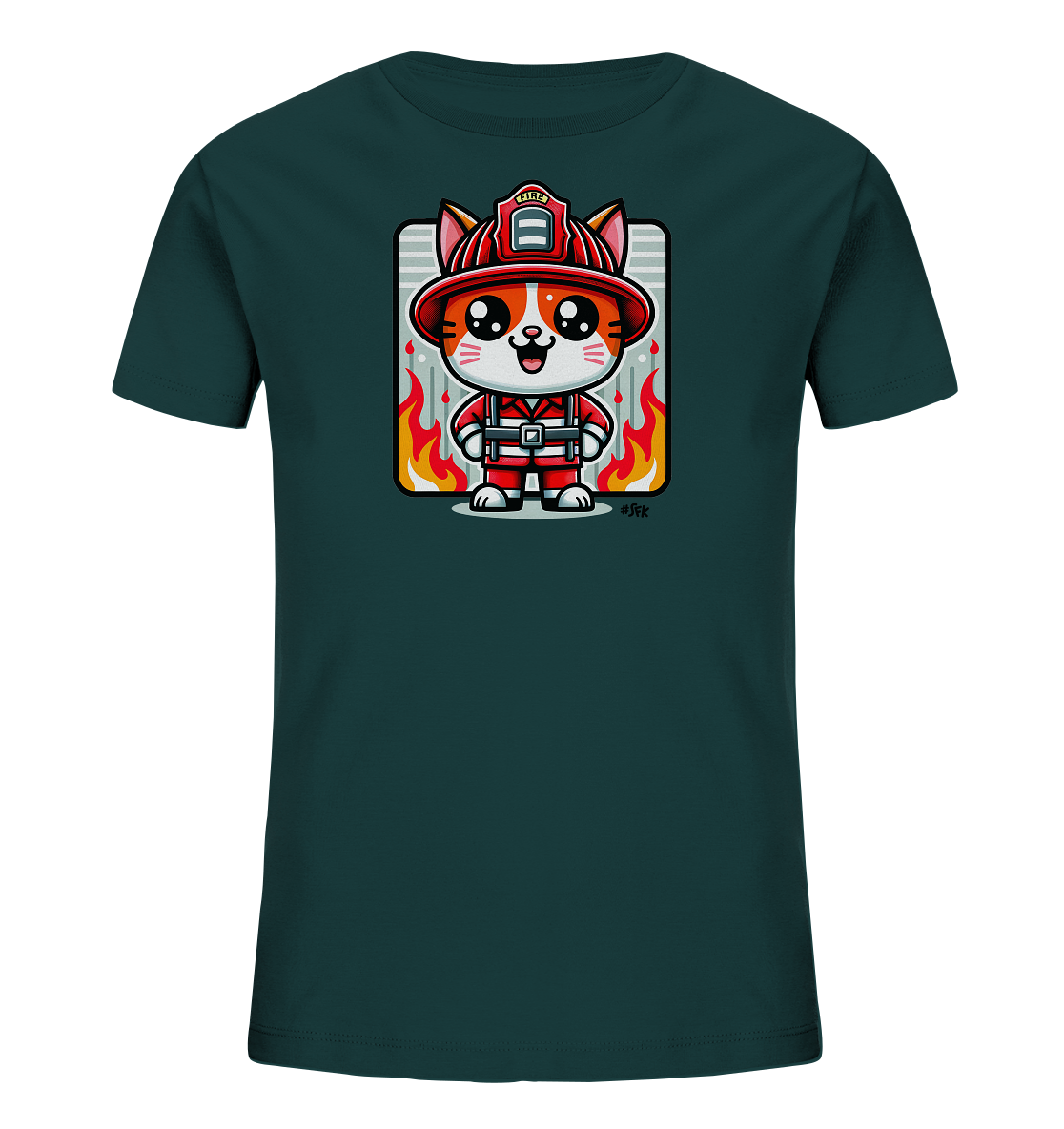 Onlineshop Shirts fuer Kinder - Dieses dunkel petrolfarbene Kinder T-Shirt ist mit einer niedlichen Cartoon-Katze in voller Feuerwehrmontur bedruckt. Die Katze traegt einen roten Helm und Anzug und steht vor einem gestreiften Rechteck, umrahmt von stilisierten Flammen. Das Design ist farbenfroh und ansprechend fuer Kinder.