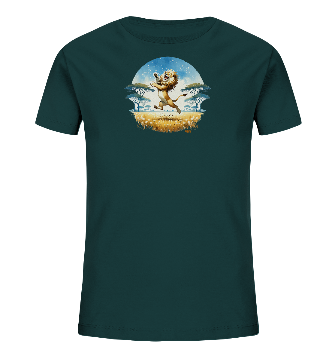 Onlineshop Shirts fuer Kinder - Dieses T-Shirt in dunklem Petrolgruen zeigt ein lebhaftes Rundmotiv. Darauf springt ein froehlicher Loewe vor einem Sternenhimmel in einer Savannenlandschaft mit Baeumen und Gras. Die Darstellung ist im Cartoon-Stil gehalten und vermittelt Freude. Ein verspieltes Design fuer Kinder.