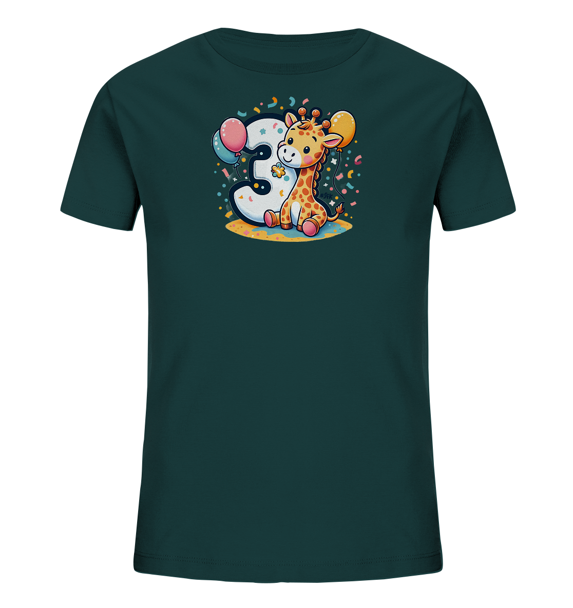 Onlineshop Shirts fuer Kinder - Das Bild zeigt ein dunkelgruenes Kinder-T-Shirt mit einem farbenfrohen Druck. Darauf ist eine niedliche, cartoonartige Giraffe abgebildet, die neben einer grossen, weissen Zahl '3' sitzt. Das Motiv ist von Konfetti, Luftballons in verschiedenen Farben und einer kleinen Blume umgeben. Das Design hat einen froehlichen und festlichen Charakter, ideal fuer einen Geburtstag.