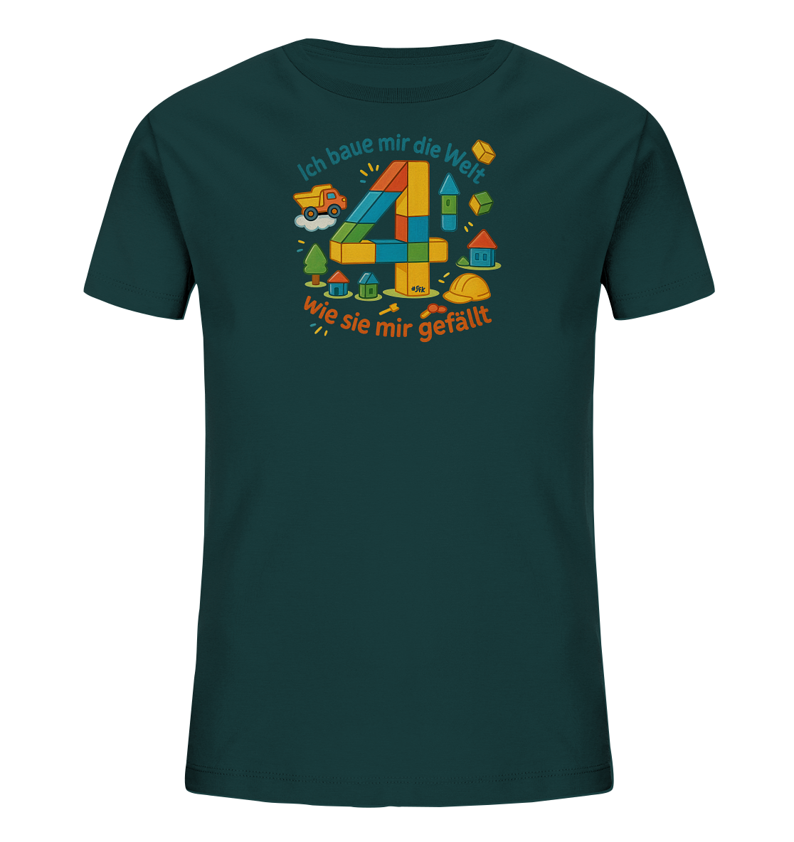Onlineshop Shirts fuer Kinder - Das dunkelblaue T-Shirt zeigt eine grosse Zahl Vier, die aus bunten Baukloetzen zusammengesetzt ist. Um die Vier herum sind kindgerechte Illustrationen von Haeusern, Baeumen, einem Baufahrzeug und einem Bauhelm abgebildet. Über und unter der Zahl befindet sich der Text "Ich baue mir die Welt wie sie mir gefaellt". Das Design ist verspielt und farbenfroh, ideal fuer kleine Baumeister.
