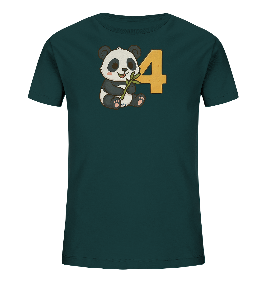 Onlineshop Shirts fuer Kinder - Das Bild zeigt ein dunkelgruenes T-Shirt fuer Kinder mit einem niedlichen Pandamotiv. Ein sitzender Panda haelt einen Bambuszweig in den Pfoten. Neben dem Panda ist die grosse, orange-gelbe Zahl '4' platziert. Das Design ist froehlich und kindgerecht gestaltet.
