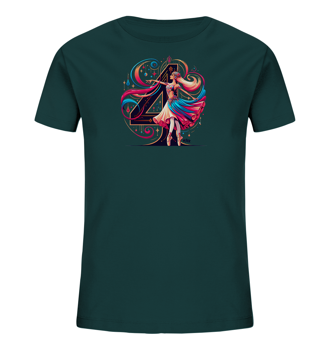 Onlineshop Shirts fuer Kinder - Das dunkelgruene T-Shirt zeigt einen lebendigen Druck einer tanzenden Figur. Im Hintergrund ist eine grosse, kunstvoll gestaltete Zahl '4' zu sehen. Bunte, wirbelnde Linien und glitzernde Akzente umgeben das Motiv und verleihen ihm einen festlichen Charakter.