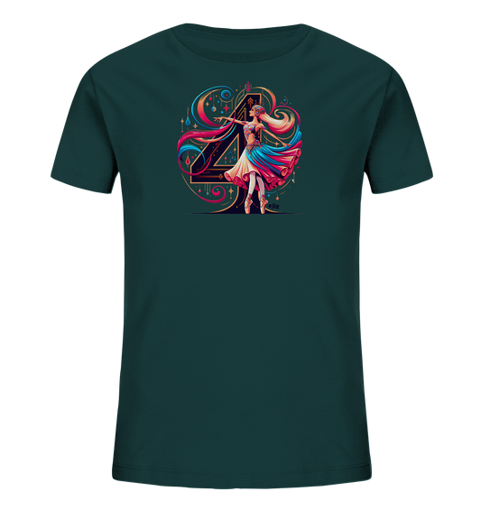 Onlineshop Shirts fuer Kinder - Das dunkelgruene T-Shirt zeigt einen lebendigen Druck einer tanzenden Figur. Im Hintergrund ist eine grosse, kunstvoll gestaltete Zahl '4' zu sehen. Bunte, wirbelnde Linien und glitzernde Akzente umgeben das Motiv und verleihen ihm einen festlichen Charakter.