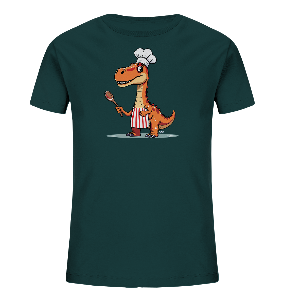 Onlineshop Shirts fuer Kinder - Das Bild zeigt ein dunkelgruenes Kinder-T-Shirt. Auf der Vorderseite ist eine niedliche, cartoonhafte Darstellung eines Dinosauriers zu sehen. Der Dinosaurier traegt eine Kochmuetze und eine gestreifte Schuerze und haelt einen Holzloeffel. Das Motiv hat einen freundlichen Ausdruck und verleiht dem Shirt einen verspielten Charakter.