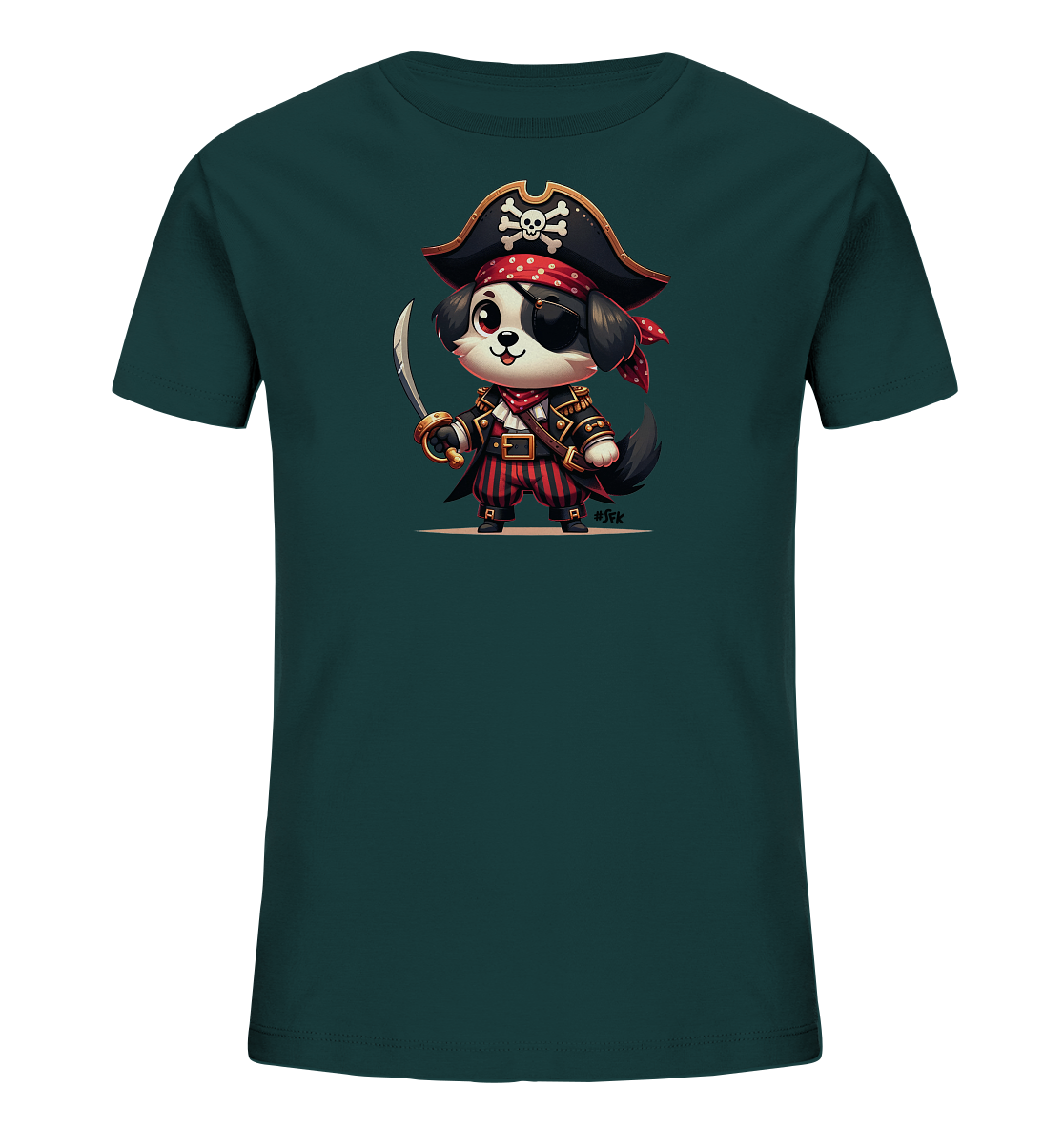 Kinder T-Shirt mit Cartoon-Piratenhund, Augenklappe, Hut und Säbel