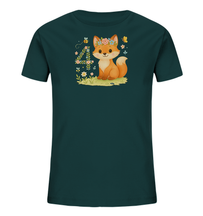 Onlineshop Shirts fuer Kinder - Das Bild zeigt ein dunkelgruenes Kinder-T-Shirt mit einem niedlichen Aufdruck. Zu sehen ist ein Cartoon-Fuchs, der auf einer Wiese sitzt und einen Blumenkranz traegt. Neben dem Fuchs befindet sich eine grosse, blumig verzierte Zahl Vier. Um das Motiv herum fliegen eine Biene und ein Schmetterling, und es sind weitere Blumen und Pflanzen abgebildet.