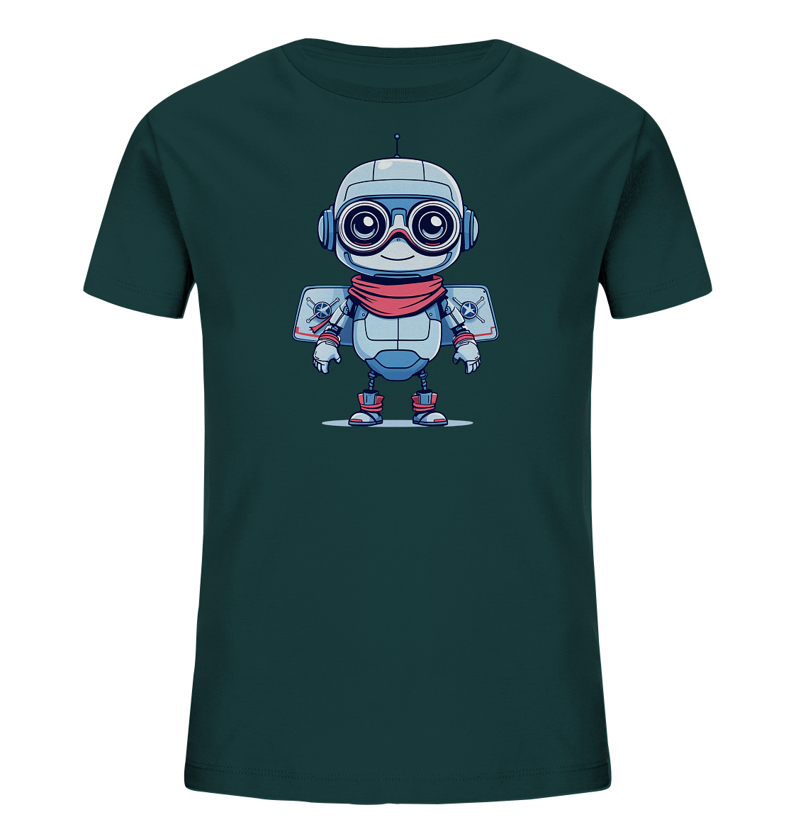 Onlineshop Shirts für Kinder - Das Bild zeigt ein dunkelgrünes T-Shirt mit einer Illustration eines freundlichen Roboters. Der Roboter ist hellgrau/blau und trägt eine rote Schal und rote Stiefel. Er hat große, runde Goggles und Flügel oder Jetpacks auf dem Rücken, verziert mit symbolischen Elementen. Die detailreiche und neutrale Darstellung des Roboters verleiht dem Shirt einen verspielten, aber unaufgeregten Charakter, der gut zu Kinderkleidung passt.