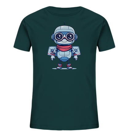Onlineshop Shirts für Kinder - Das Bild zeigt ein dunkelgrünes T-Shirt mit einer Illustration eines freundlichen Roboters. Der Roboter ist hellgrau/blau und trägt eine rote Schal und rote Stiefel. Er hat große, runde Goggles und Flügel oder Jetpacks auf dem Rücken, verziert mit symbolischen Elementen. Die detailreiche und neutrale Darstellung des Roboters verleiht dem Shirt einen verspielten, aber unaufgeregten Charakter, der gut zu Kinderkleidung passt.