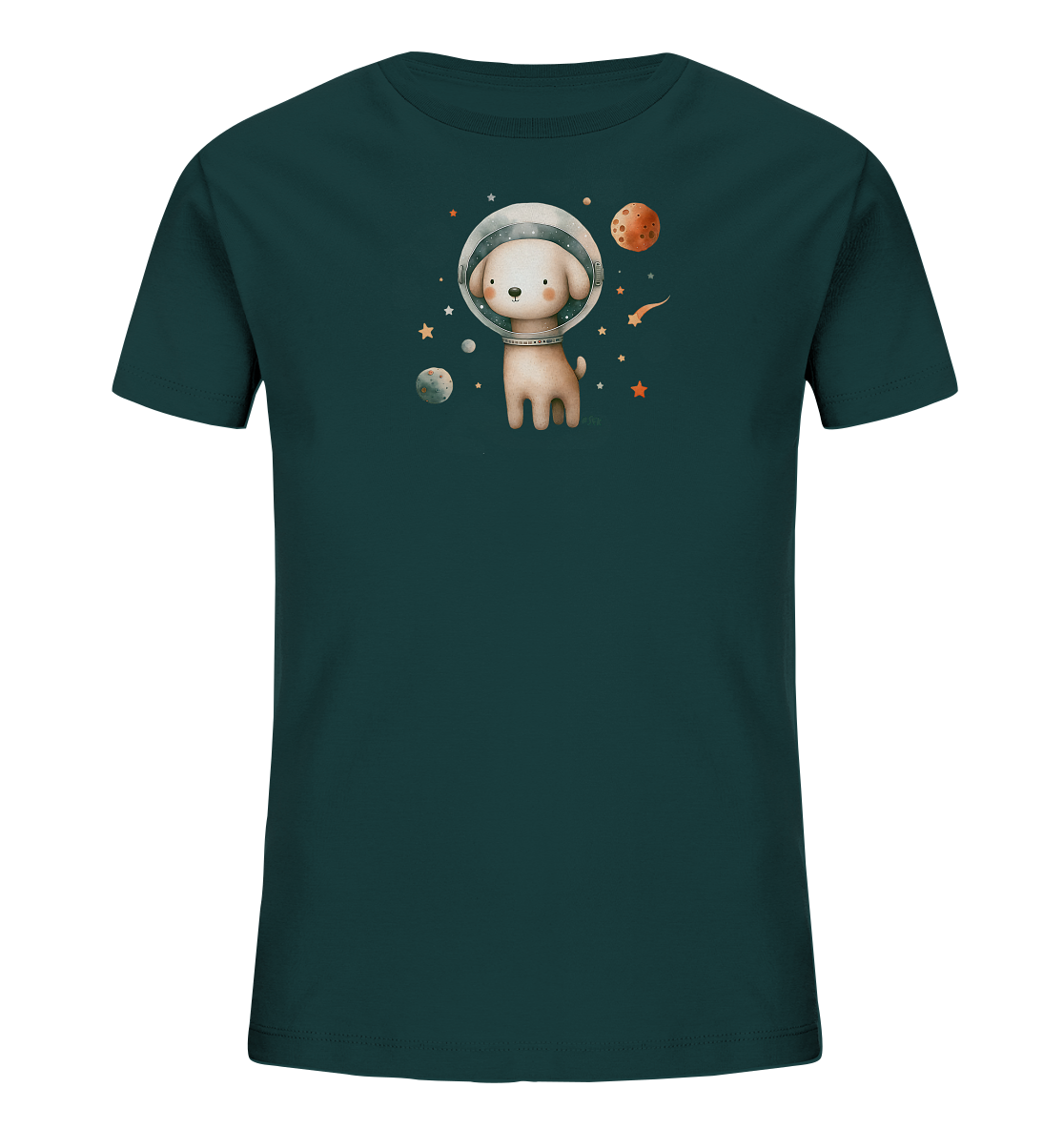 Onlineshop Shirts fuer Kinder - Dieses dunkelgruene T-Shirt fuer Kinder zeigt eine Illustration eines niedlichen Hundes im Astronautenhelm. Das Motiv ist von Planeten, Sternen und Sternschnuppen umgeben, was eine Weltraum-Szene darstellt. Der Hund sitzt aufrecht und blickt nach vorne. Die Gestaltung ist verspielt und ansprechend fuer junge Weltraum-Fans.