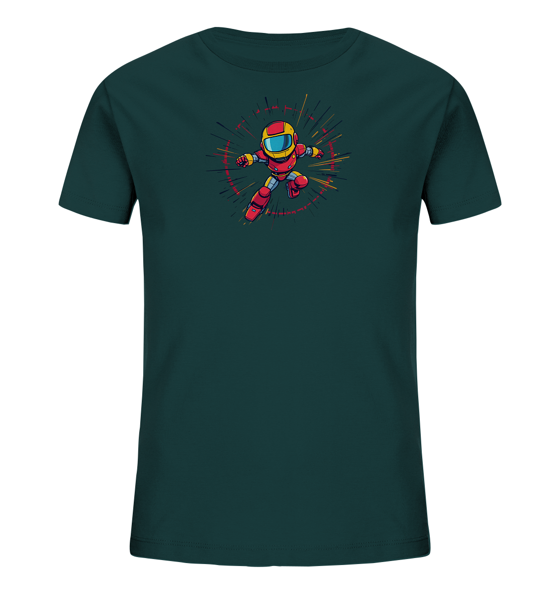 Onlineshop Shirts für Kinder - Das Bild zeigt ein dunkelgrünes T-Shirt für Kinder, liegend auf einem neutralen Hintergrund. Auf der Vorderseite des Shirts ist eine Comic-Figur in einem roten Anzug mit gelben Akzenten und Helm abgebildet. Die Figur scheint in Bewegung zu sein, umgeben von radialen Strichen in verschiedenen Farben, die Geschwindigkeit oder einen Effekt darstellen. Das Design ist zentral auf dem Shirt platziert und wirkt dynamisch und farbenfroh.
