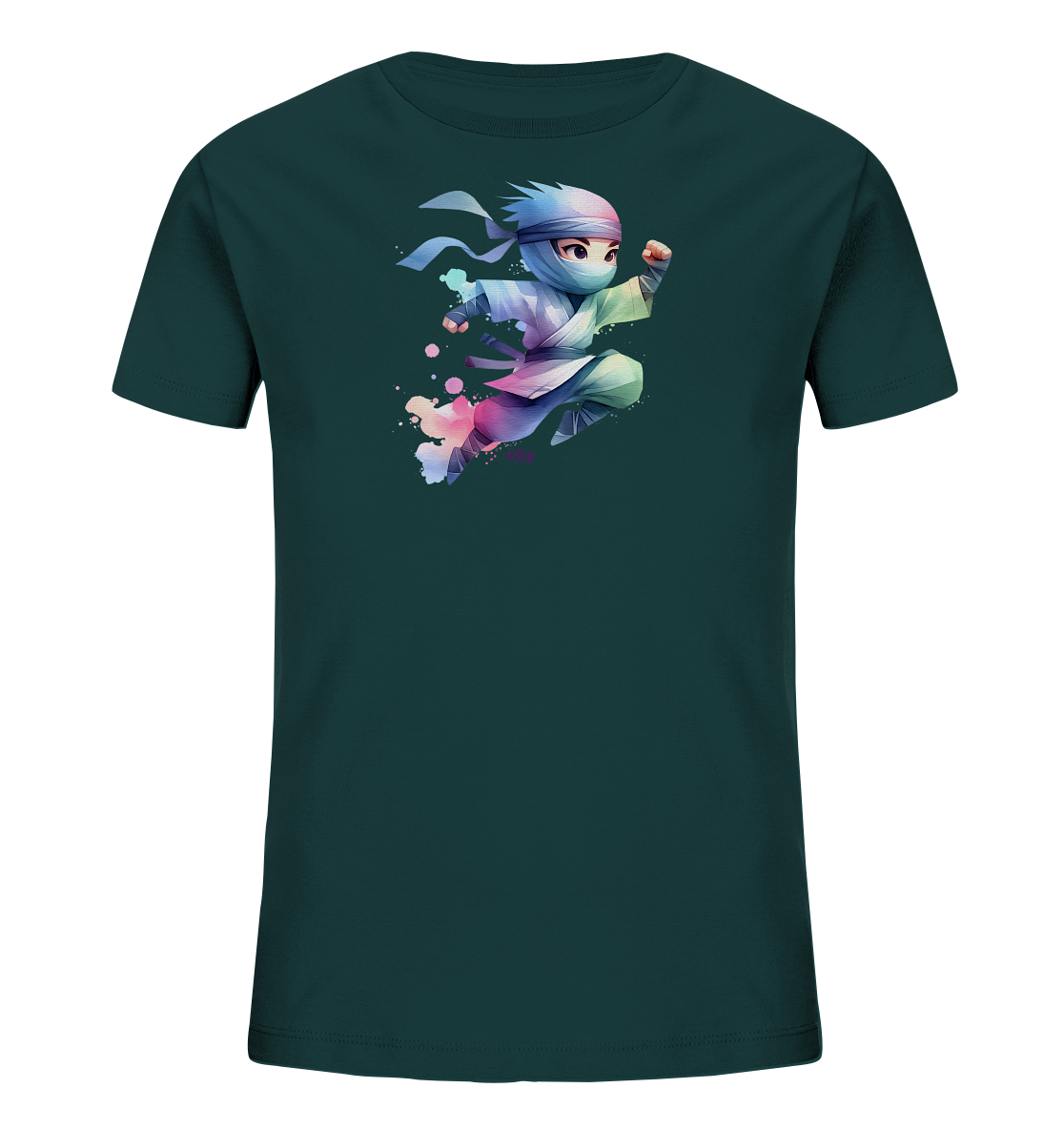 Onlineshop Shirts fuer Kinder - Das Bild zeigt ein dunkelgruenes Kinder-T-Shirt mit einer bunten Grafik auf der Vorderseite. Dargestellt ist eine kleine Figur in einer dynamischen Springpose, gekleidet in einem ninja-aehnlichen Outfit. Die Illustration ist in einem cartoonhaften Stil gehalten und von farbigen, aquarellartigen Spritzern umgeben. Das Design wirkt lebhaft und energiegeladen.