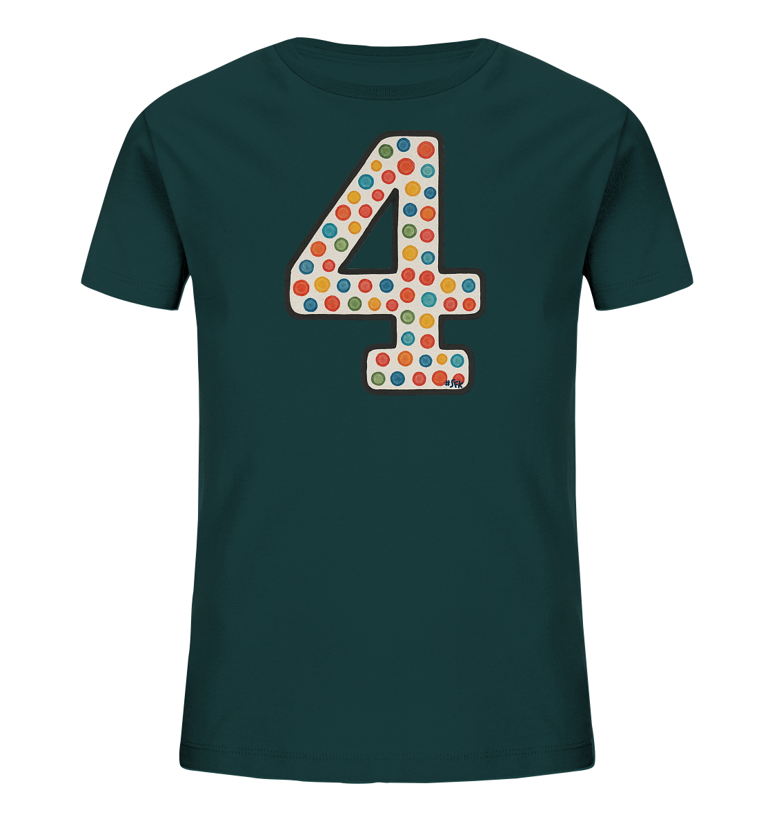 Onlineshop Shirts fuer Kinder - Das Bild zeigt ein dunkelgruenes Kinder-T-Shirt mit einer grossen Zahl Vier auf der Vorderseite. Die Zahl ist mit einem lebhaften Muster aus vielen bunten Punkten in verschiedenen Farben gefuellt. Eine schmale, dunkelrote Linie umrahmt die Zahl optisch. Unten rechts an der Zahl ist eine kleine, feine Illustration zu sehen.