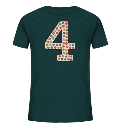 Kinder T-Shirt mit großer Zahl 4, bunten Punkten und dunkler Umrandung