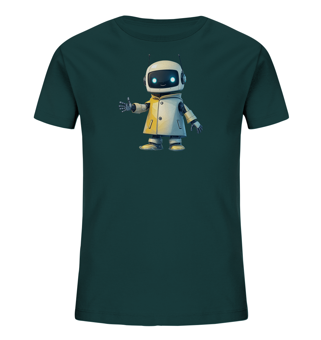 Kinder-T-Shirt mit winkendem Roboter-Motiv.