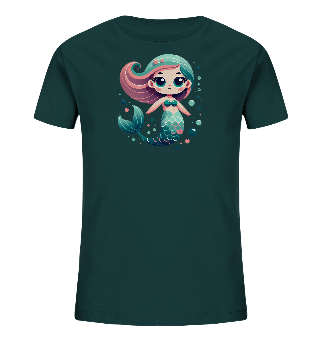 Onlineshop Shirts fuer Kinder - Das Bild zeigt ein dunkelgruenes Kinder-T-Shirt mit einer farbenfrohen Grafik auf der Vorderseite. Die Illustration stellt eine niedliche kleine Meerjungfrau dar, umgeben von Blasen. Die Meerjungfrau hat fliessendes Haar in verschiedenen Farben und einen detaillierten Schwanz. Dieses Design wirkt froehlich und ansprechend.