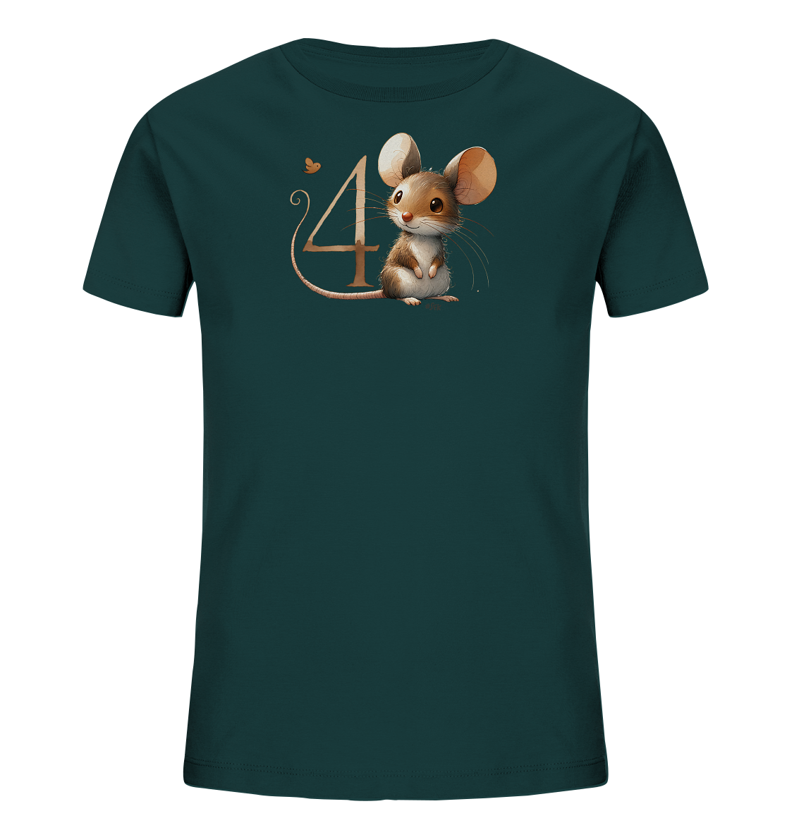 Onlineshop Shirts fuer Kinder - Das Bild zeigt ein dunkelgruenes T-Shirt fuer Kinder mit einem niedlichen Motiv. Im Zentrum des Designs sitzt eine freundliche Cartoon-Maus neben der Zahl '4'. Eine kleine fliegende Grafik ist ebenfalls zu sehen. Das Motiv ist in warmen Farbtoenen gehalten und wirkt verspielt.