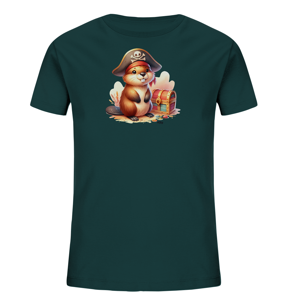Onlineshop Shirts fuer Kinder - Das Bild zeigt ein dunkelgruenes T-Shirt mit einem niedlichen Cartoon-Biber als Pirat. Der Biber traegt einen Piratenhut mit Totenkopf und ein rotes Kopftuch. Er sitzt neben einer geoeffneten Schatztruhe auf sandigem Untergrund. Die farbenfrohe Grafik zeigt eine kleine Abenteuer-Szene.
