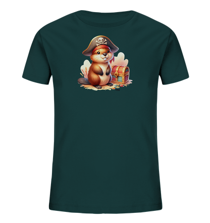 Onlineshop Shirts fuer Kinder - Das Bild zeigt ein dunkelgruenes T-Shirt mit einem niedlichen Cartoon-Biber als Pirat. Der Biber traegt einen Piratenhut mit Totenkopf und ein rotes Kopftuch. Er sitzt neben einer geoeffneten Schatztruhe auf sandigem Untergrund. Die farbenfrohe Grafik zeigt eine kleine Abenteuer-Szene.