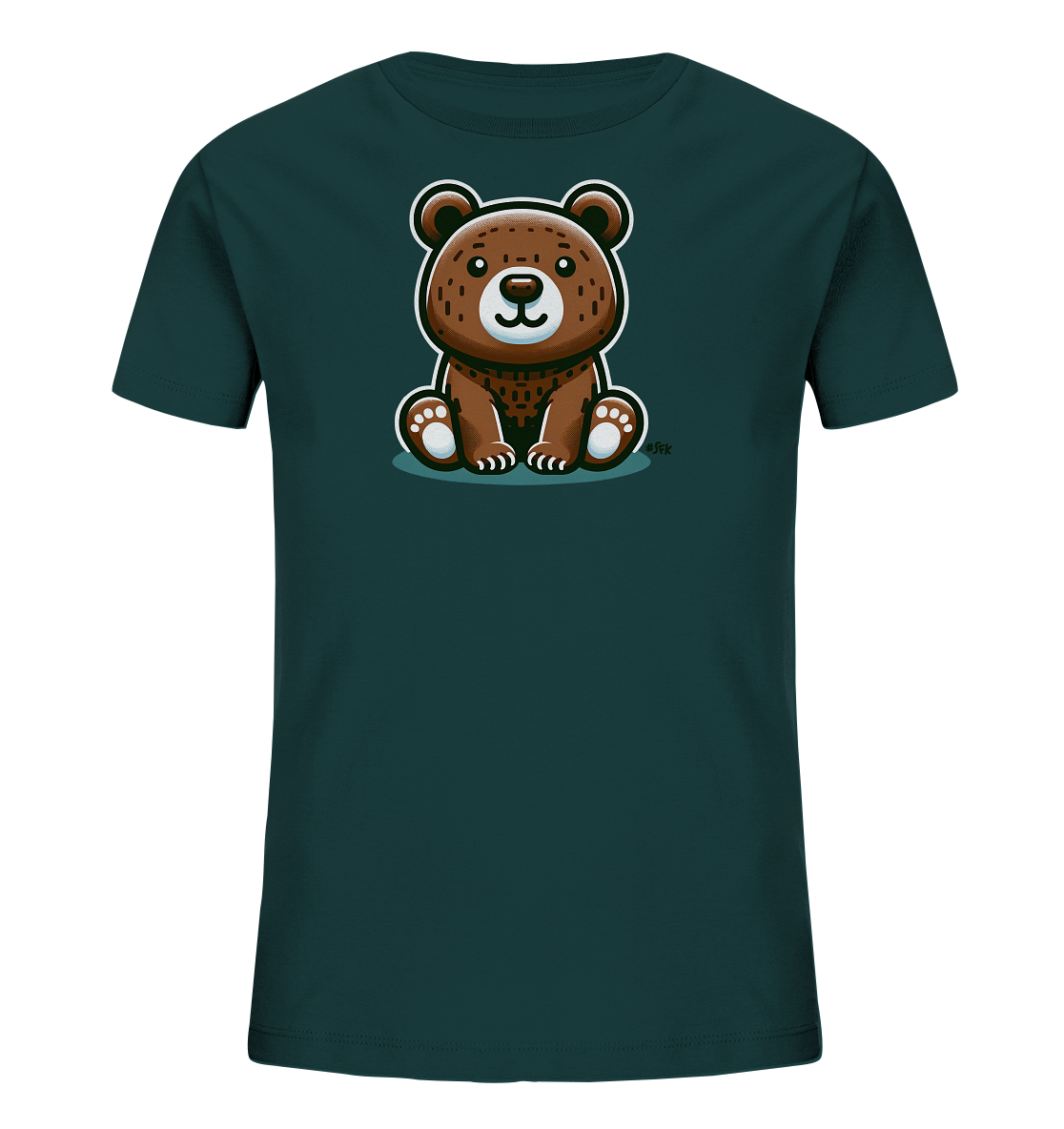 Onlineshop Shirts fuer Kinder - Das Bild zeigt ein dunkelblaugruenes Kinder-T-Shirt mit einem niedlichen Baerenmotiv auf der Vorderseite. Der sitzende Baer ist braun und hat einen freundlichen Gesichtsausdruck mit grossen Augen. Die Illustration ist im Cartoon-Stil gehalten und zeigt helle Pfotenabdruecke und Schnauze. Das schlichte und froehliche Design eignet sich gut fuer Kinderkleidung.