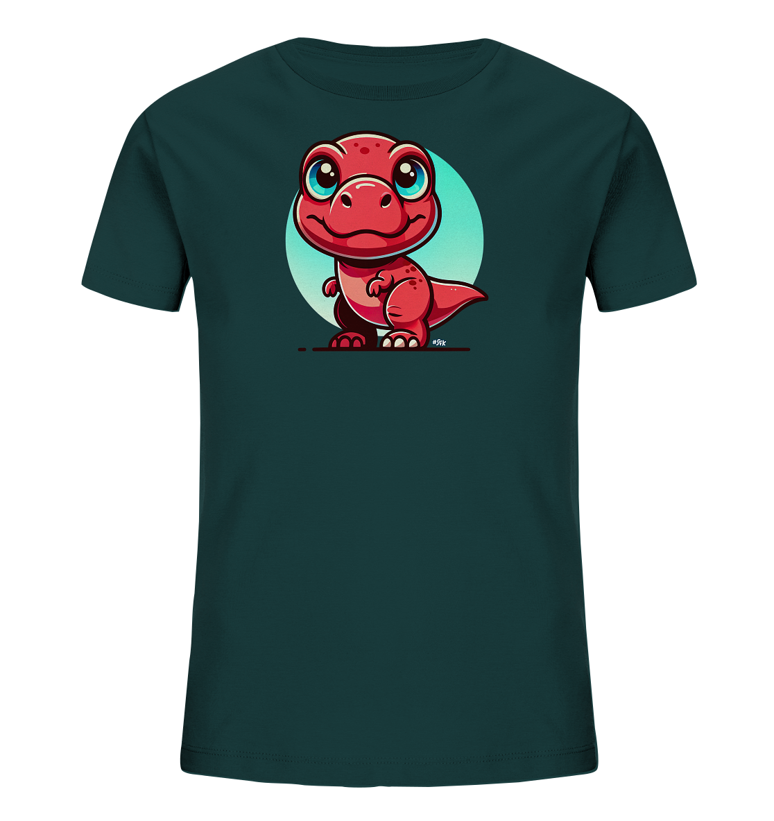 Onlineshop Shirts für Kinder - Das Bild zeigt ein Kinder T-Shirt in einem dunklen Türkis- oder Petrolton. Auf der Vorderseite ist eine niedliche, cartoonhafte Illustration eines roten Baby-Dinosauriers zu sehen. Der Dinosaurier hat große blaue Augen, einen freundlichen Ausdruck und steht vor einem hellblauen Kreis als Hintergrund. Das Design ist schlicht und farbenfroh, ideal für ein Kinder-T-Shirt mit einem tierischen Motiv.