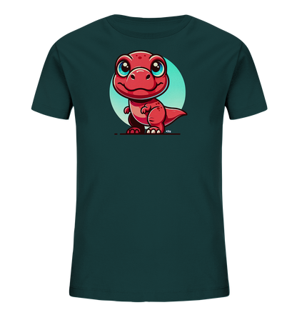 Onlineshop Shirts für Kinder - Das Bild zeigt ein Kinder T-Shirt in einem dunklen Türkis- oder Petrolton. Auf der Vorderseite ist eine niedliche, cartoonhafte Illustration eines roten Baby-Dinosauriers zu sehen. Der Dinosaurier hat große blaue Augen, einen freundlichen Ausdruck und steht vor einem hellblauen Kreis als Hintergrund. Das Design ist schlicht und farbenfroh, ideal für ein Kinder-T-Shirt mit einem tierischen Motiv.