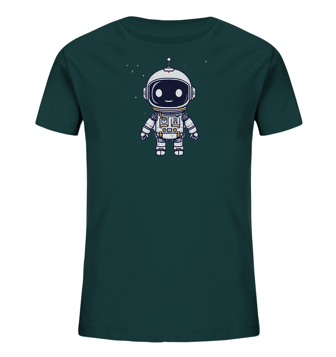 Onlineshop Shirts für Kinder - Das Bild zeigt ein Kinder-T-Shirt in einem dunklen Grün- oder Petrolton. Auf der Vorderseite ist eine niedliche, stilisierte Darstellung eines Astronauten zu sehen. Der Astronaut trägt einen weißen Anzug mit grauen Details und einem Helm mit gelbem Visier, das ein freundliches Gesicht darstellt. Um die Figur herum sind kleine weiße Punkte und Kreuze platziert, die Sterne im Weltraum symbolisieren. Dieses Design verleiht dem Shirt ein verspieltes Weltraumthema.