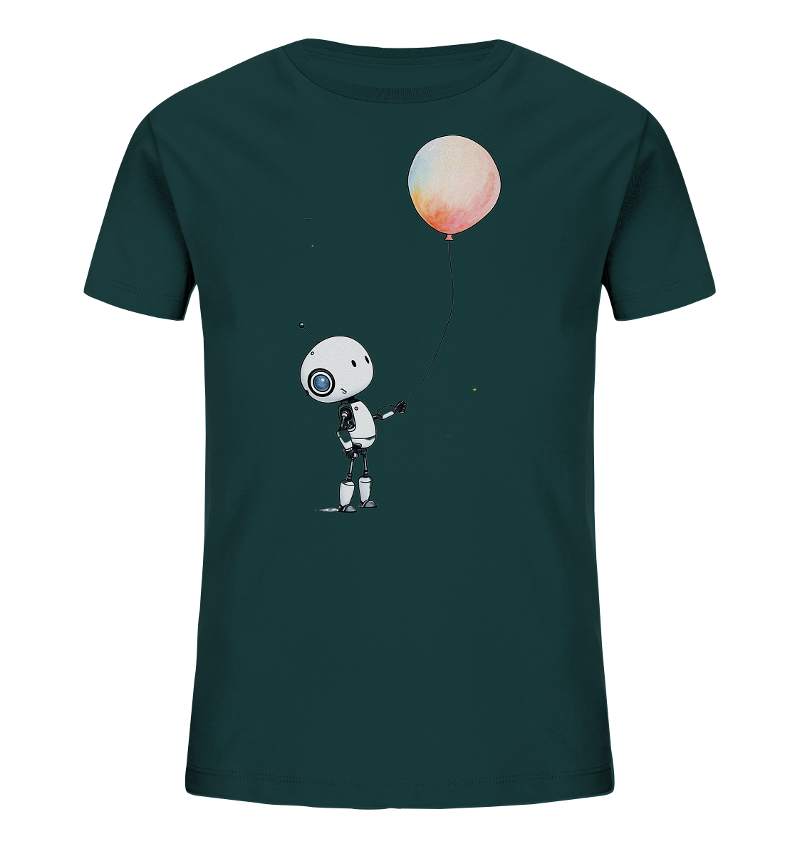 Onlineshop Shirts für Kinder - Das Bild zeigt ein Kinder-T-Shirt in einem dunklen Grünton. Auf der Vorderseite ist eine Illustration eines kleinen, weißen Roboters zu sehen, der einen großen, runden Ballon hält. Der Ballon ist in warmen, leuchtenden Farben wie Orange und Gelb gehalten und wirkt wie mit Wasserfarben gemalt. Das Design ist verspielt und verträumt, mit kleinen, funkelnden Punkten im Hintergrund, die einen Sternenhimmel andeuten.