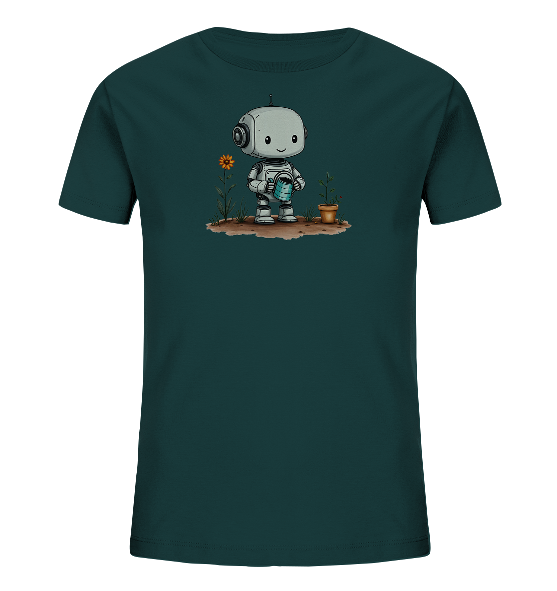 Onlineshop Shirts für Kinder - Das Bild zeigt ein dunkel petrolfarbenes T-Shirt für Kinder. Auf der Vorderseite ist eine detailreiche Illustration eines freundlichen Cartoon-Roboters zu sehen, der eine Gießkanne hält. Der Roboter steht auf einem Stück Erde, umgeben von einer blühenden orangefarbenen Blume und einer kleinen Topfpflanze mit einem Marienkäfer. Dieses liebevolle Motiv stellt den Roboter beim Gärtnern dar und vermittelt eine positive und naturverbundene Szene.
