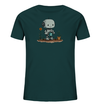 Onlineshop Shirts für Kinder - Das Bild zeigt ein dunkel petrolfarbenes T-Shirt für Kinder. Auf der Vorderseite ist eine detailreiche Illustration eines freundlichen Cartoon-Roboters zu sehen, der eine Gießkanne hält. Der Roboter steht auf einem Stück Erde, umgeben von einer blühenden orangefarbenen Blume und einer kleinen Topfpflanze mit einem Marienkäfer. Dieses liebevolle Motiv stellt den Roboter beim Gärtnern dar und vermittelt eine positive und naturverbundene Szene.