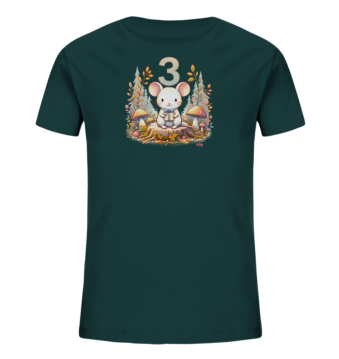 Onlineshop Shirts fuer Kinder - Das Bild zeigt ein dunkelgruenes Kinder-T-Shirt mit einem bezaubernden Aufdruck. Eine suesse weisse Maus sitzt auf einem Baumstumpf und haelt ein Geschenk. Sie ist umgeben von herbstlichen Blaettern, Pilzen und Baeumen. Über der Maus ist eine grosse Zahl '3' zu sehen.