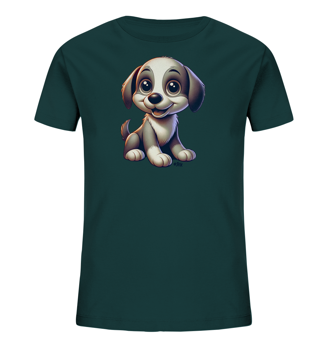 Onlineshop Shirts fuer Kinder - Das Bild zeigt ein dunkelgruenes T-Shirt fuer Kinder. Auf der Vorderseite ist eine niedliche Illustration eines sitzenden Welpen. Der Cartoon-Hund hat grosse, ausdrucksstarke Augen und ein freundliches Laecheln. Dieses Design ist ideal fuer Tierliebhaber.