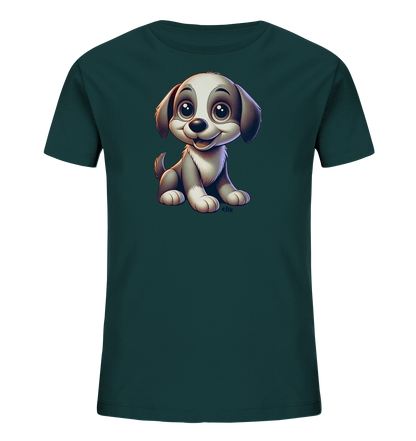 Onlineshop Shirts fuer Kinder - Das Bild zeigt ein dunkelgruenes T-Shirt fuer Kinder. Auf der Vorderseite ist eine niedliche Illustration eines sitzenden Welpen. Der Cartoon-Hund hat grosse, ausdrucksstarke Augen und ein freundliches Laecheln. Dieses Design ist ideal fuer Tierliebhaber.