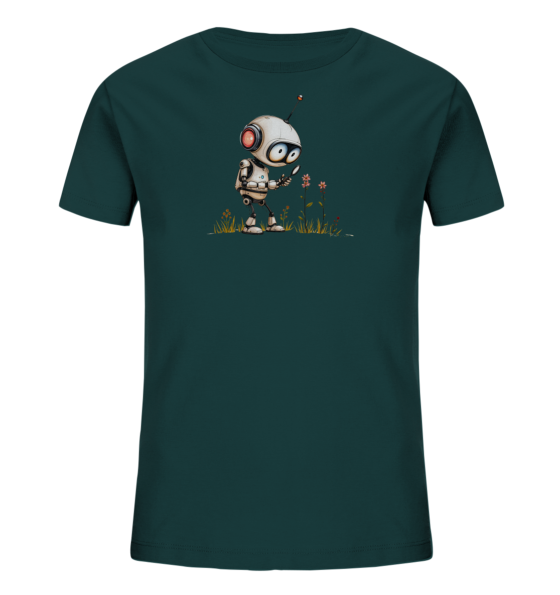 Onlineshop Shirts für Kinder - Dieses Bild zeigt ein Kinder-T-Shirt in einem satten, dunklen Petrol- oder Dunkelgrünton. Auf der Vorderseite befindet sich eine detaillierte Illustration eines kleinen, charmanten Roboters. Der Roboter steht in einer grünen Wiese mit kleinen roten und rosa Blumen und schaut neugierig eine Blume an. Er hält ein Werkzeug, das wie eine Lupe aussieht, was seine wissenschaftliche Neugier unterstreicht. Das Design wirkt verspielt und liebevoll gestaltet.