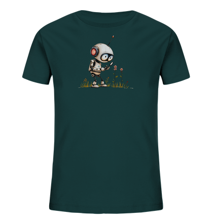 Onlineshop Shirts für Kinder - Dieses Bild zeigt ein Kinder-T-Shirt in einem satten, dunklen Petrol- oder Dunkelgrünton. Auf der Vorderseite befindet sich eine detaillierte Illustration eines kleinen, charmanten Roboters. Der Roboter steht in einer grünen Wiese mit kleinen roten und rosa Blumen und schaut neugierig eine Blume an. Er hält ein Werkzeug, das wie eine Lupe aussieht, was seine wissenschaftliche Neugier unterstreicht. Das Design wirkt verspielt und liebevoll gestaltet.