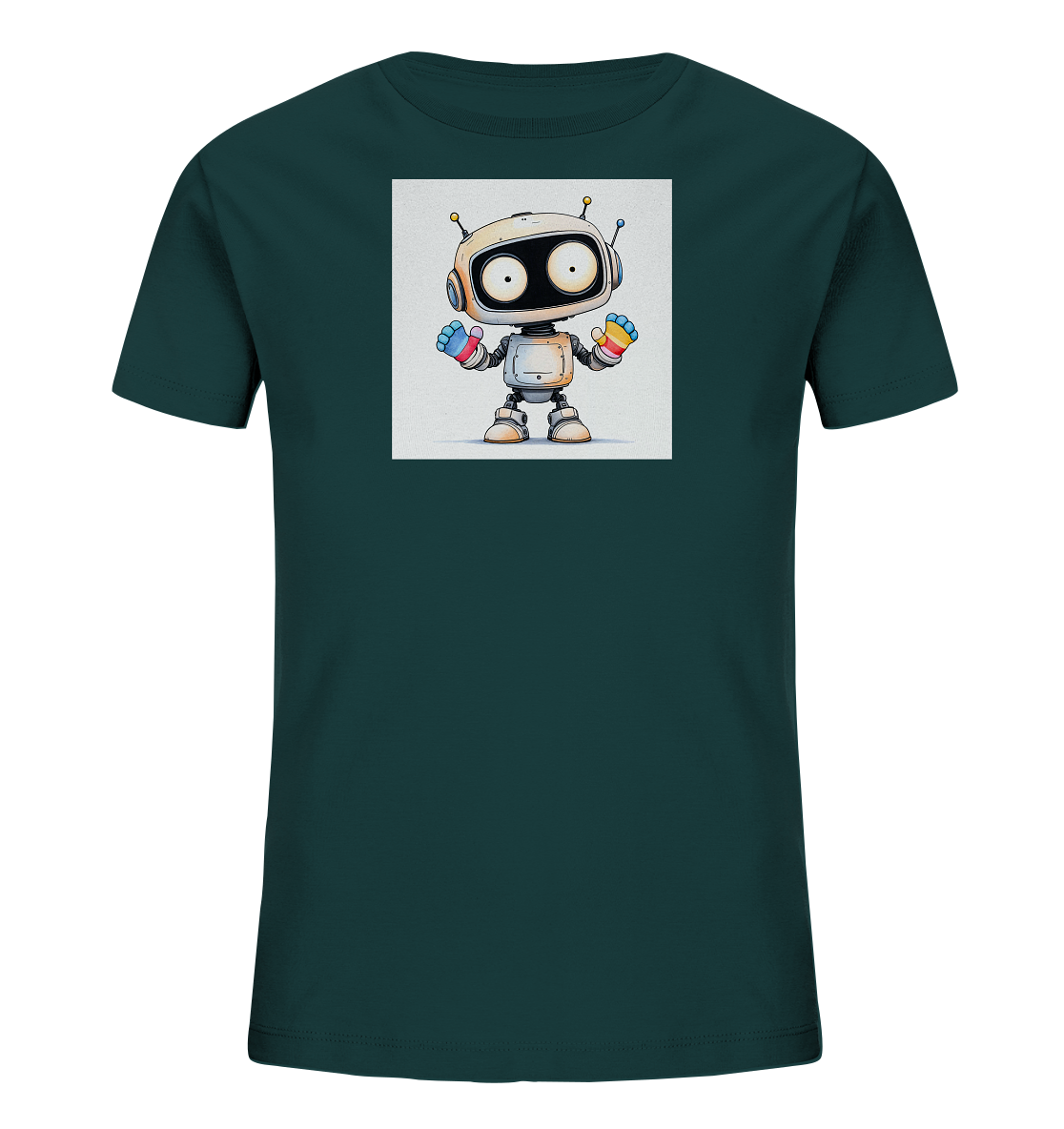 Onlineshop Shirts für Kinder - Das Bild zeigt ein dunkelgrünes T-Shirt für Kinder. Auf der Vorderseite ist eine quadratische Grafik mit einem stilisierten Roboter abgebildet. Der Roboter hat große Augen, Antennen und bunte Streifen an den Fäusten in den Farben Blau, Gelb, Orange und Rot. Der Roboter selbst ist weiß und grau und schaut direkt in die Kamera.