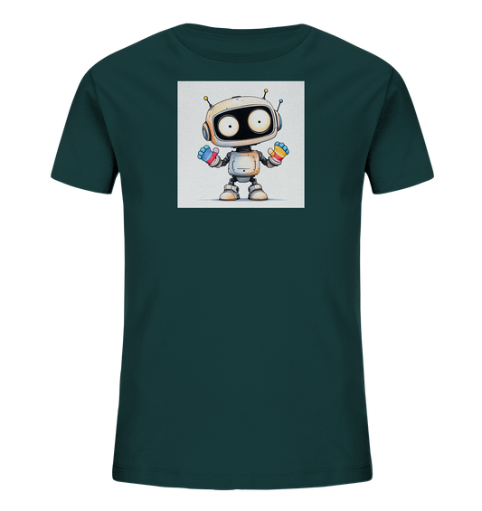 Onlineshop Shirts für Kinder - Das Bild zeigt ein dunkelgrünes T-Shirt für Kinder. Auf der Vorderseite ist eine quadratische Grafik mit einem stilisierten Roboter abgebildet. Der Roboter hat große Augen, Antennen und bunte Streifen an den Fäusten in den Farben Blau, Gelb, Orange und Rot. Der Roboter selbst ist weiß und grau und schaut direkt in die Kamera.