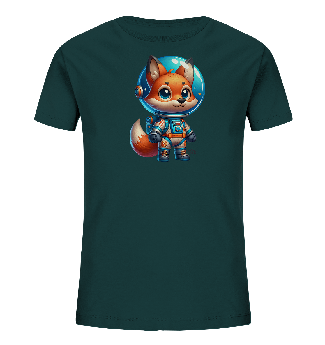 Onlineshop Shirts fuer Kinder - Das Bild zeigt ein dunkelblaugruenes Kinder-T-Shirt mit einer niedlichen Illustration. Zentral auf dem Shirt ist ein cartoonhafter Fuchs in einem detaillierten Raumanzug abgebildet. Der Fuchs traegt einen Helm mit klarem Visier, durch das Sterne und ein blauer Himmel zu sehen sind. Das Design wirkt verspielt und abenteuerlich.