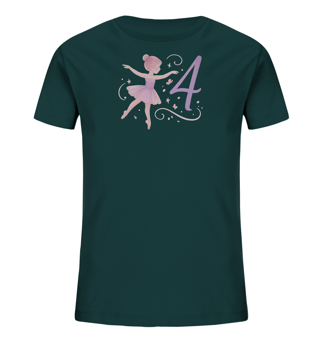 Onlineshop Shirts fuer Kinder - Das Bild zeigt ein dunkelgruen-blaues Kinder-T-Shirt mit einem Motiv einer tanzenden Ballerina. Neben der Figur ist eine grosse Zahl '4' in einem zarten Lila abgebildet. Kleine Sterne und Schmetterlinge umgeben das Hauptmotiv. Das Design wirkt verspielt und eignet sich fuer kleine Tanzfans.