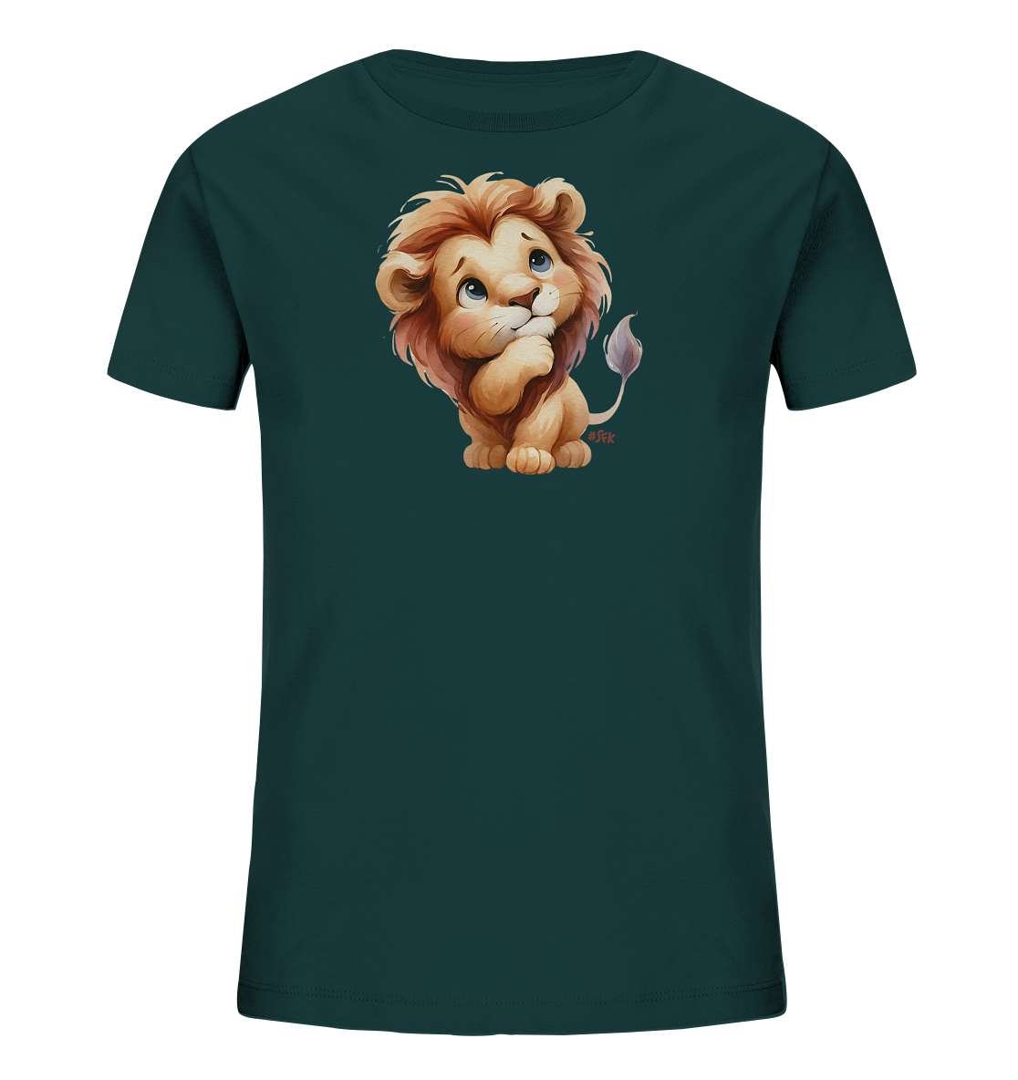 Kinder T-Shirt mit nachdenklichem Cartoon-Löwen und großen blauen Augen