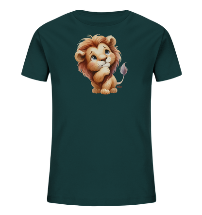 Kinder T-Shirt mit nachdenklichem Cartoon-Löwen und großen blauen Augen
