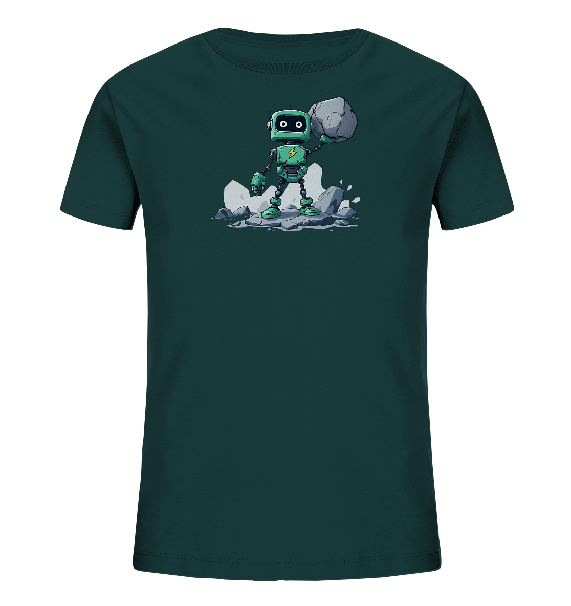Onlineshop Shirts für Kinder - Das Bild zeigt ein dunkelgrünes Kinder-T-Shirt auf einem schwarzen Hintergrund. Auf der Vorderseite ist eine Illustration eines kleinen, türkisfarbenen Roboters abgebildet. Der Roboter steht auf einigen grauen Steinen und hält einen großen grauen Felsen über seinem Kopf. Er hat große runde Augen und ein gelbes Blitzsymbol auf der Brust, was Energie symbolisiert.