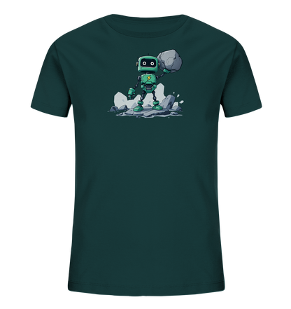 Onlineshop Shirts für Kinder - Das Bild zeigt ein dunkelgrünes Kinder-T-Shirt auf einem schwarzen Hintergrund. Auf der Vorderseite ist eine Illustration eines kleinen, türkisfarbenen Roboters abgebildet. Der Roboter steht auf einigen grauen Steinen und hält einen großen grauen Felsen über seinem Kopf. Er hat große runde Augen und ein gelbes Blitzsymbol auf der Brust, was Energie symbolisiert.