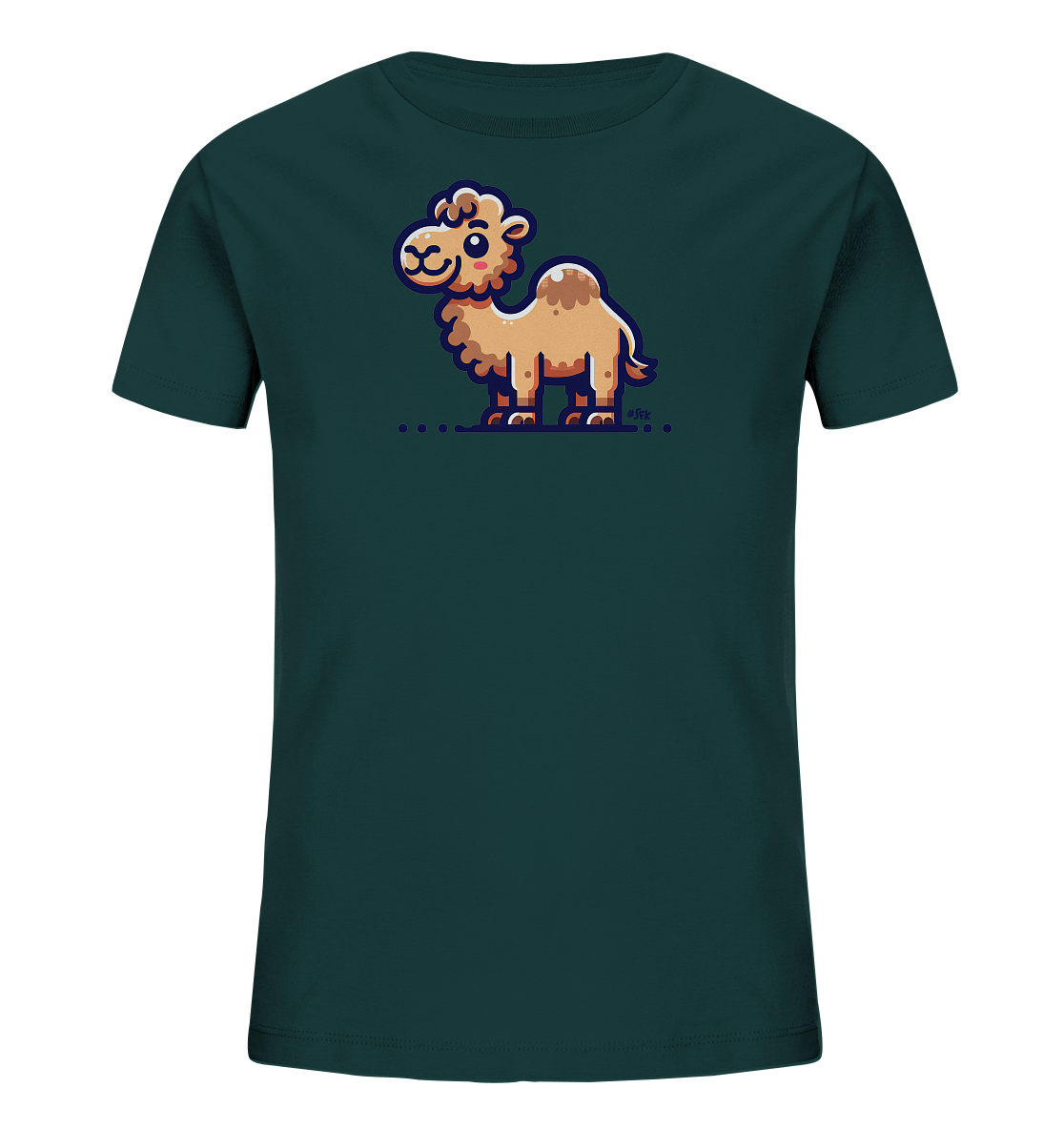 Onlineshop Shirts fuer Kinder - Das Bild zeigt ein dunkelgruenes Kinder-T-Shirt mit einem niedlichen Kamelmotiv auf der Vorderseite. Das cartoonhafte Kamel ist hellbraun mit dunkleren Details und hat einen Hoecker sowie ein freundliches Gesicht. Es steht auf einer stilisierten Linie, unter der mehrere Punkte angeordnet sind. Die Illustration verleiht dem Shirt einen verspielten Charakter.