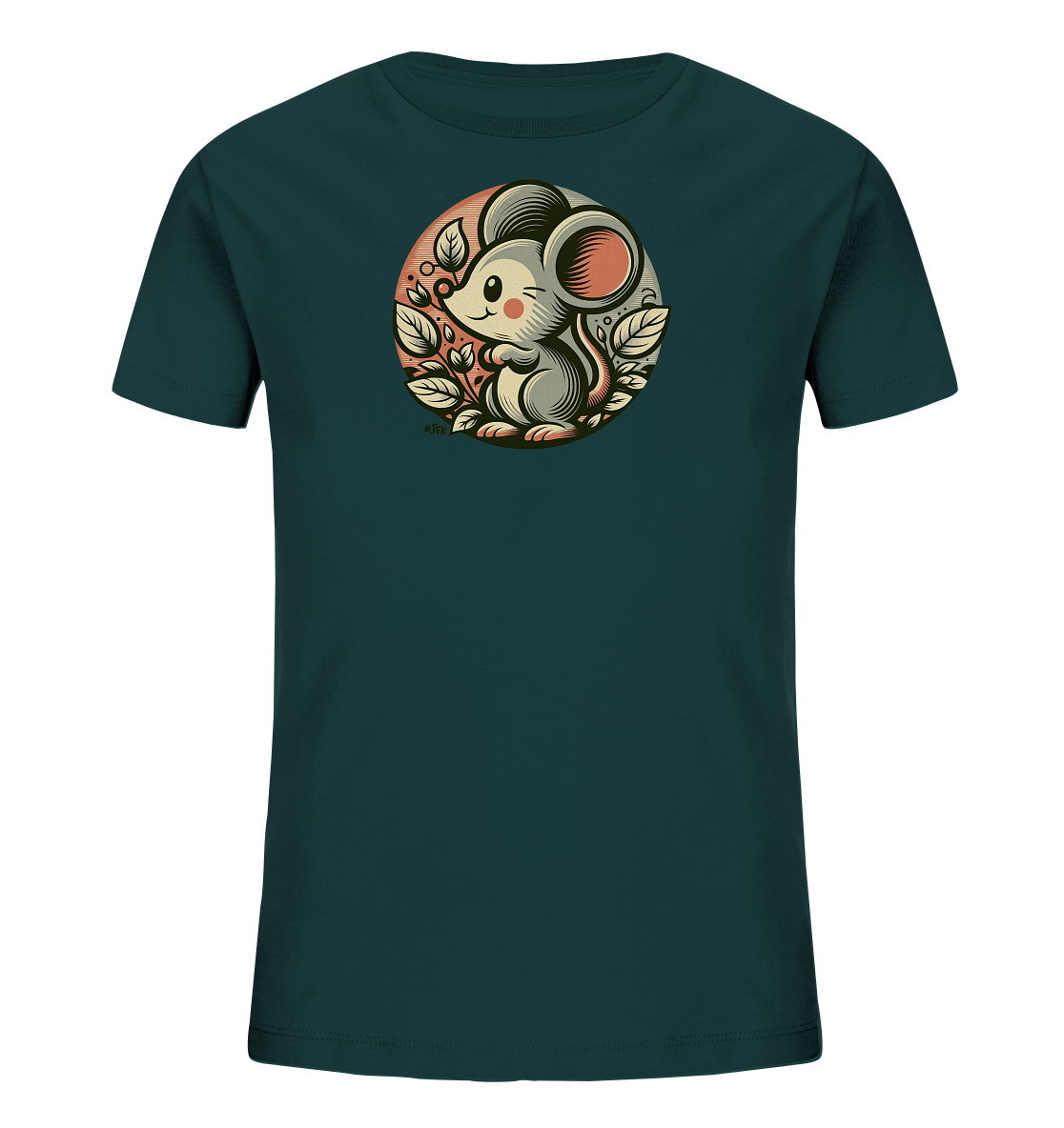 Onlineshop Shirts fuer Kinder - Das Bild zeigt ein dunkel tuerkisfarbenes Kinder-T-Shirt. Auf der Vorderseite ist ein kreisfoermiges Motiv mit einer suessen Cartoon-Maus abgebildet, die von Blaettern umgeben ist. Die Maus hat grosse Ohren und ein freundliches, zwinkerndes Gesicht. Das Design wirkt verspielt und naturnah.