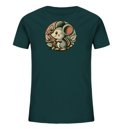 Onlineshop Shirts fuer Kinder - Das Bild zeigt ein dunkel tuerkisfarbenes Kinder-T-Shirt. Auf der Vorderseite ist ein kreisfoermiges Motiv mit einer suessen Cartoon-Maus abgebildet, die von Blaettern umgeben ist. Die Maus hat grosse Ohren und ein freundliches, zwinkerndes Gesicht. Das Design wirkt verspielt und naturnah.