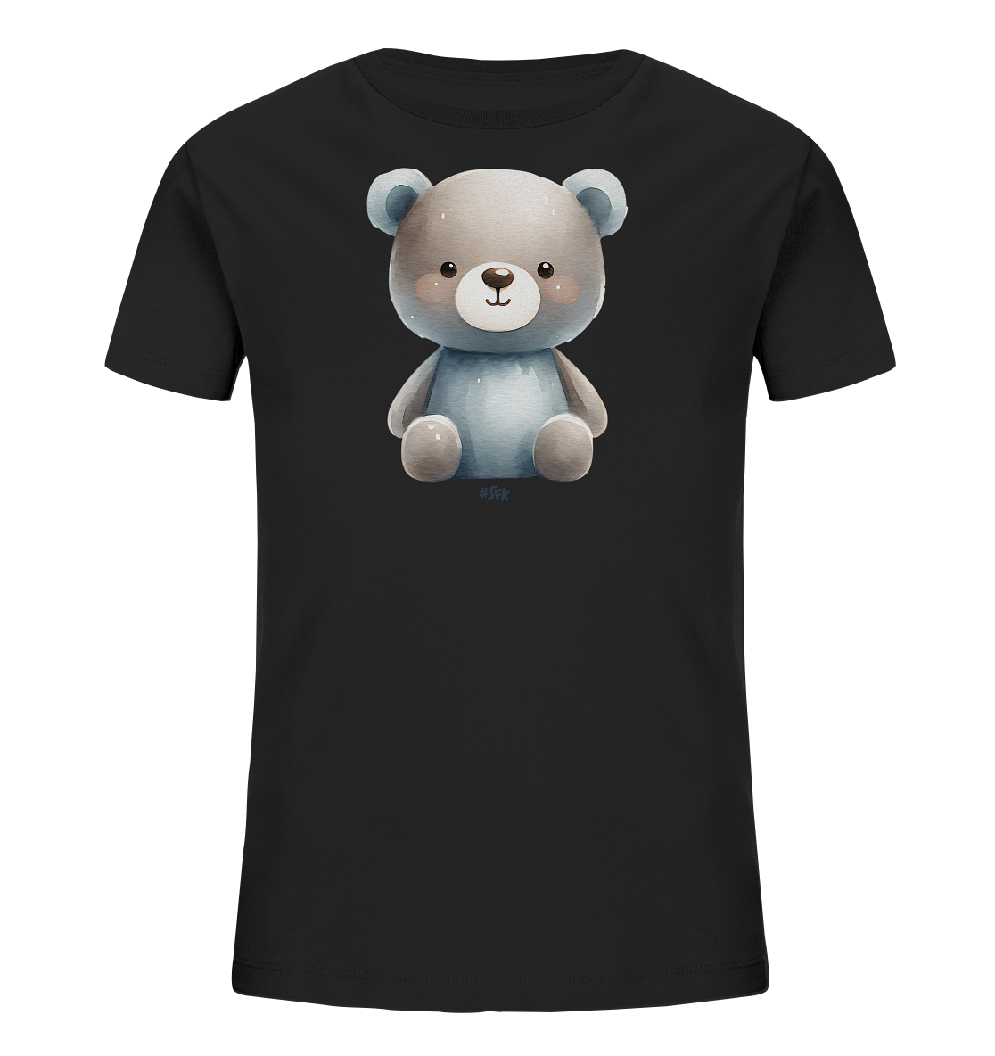 Onlineshop Shirts fuer Kinder - Das Bild zeigt ein schwarzes T-Shirt fuer Kinder mit einer niedlichen Teddybaer-Grafik auf der Vorderseite. Der Teddybaer im Aquarell-Stil sitzt aufrecht und hat einen freundlichen Ausdruck. Er hat einen hellen Kopf und blaue Gliedmassen. Das verspielte Design ist ein Blickfang fuer Kinder.