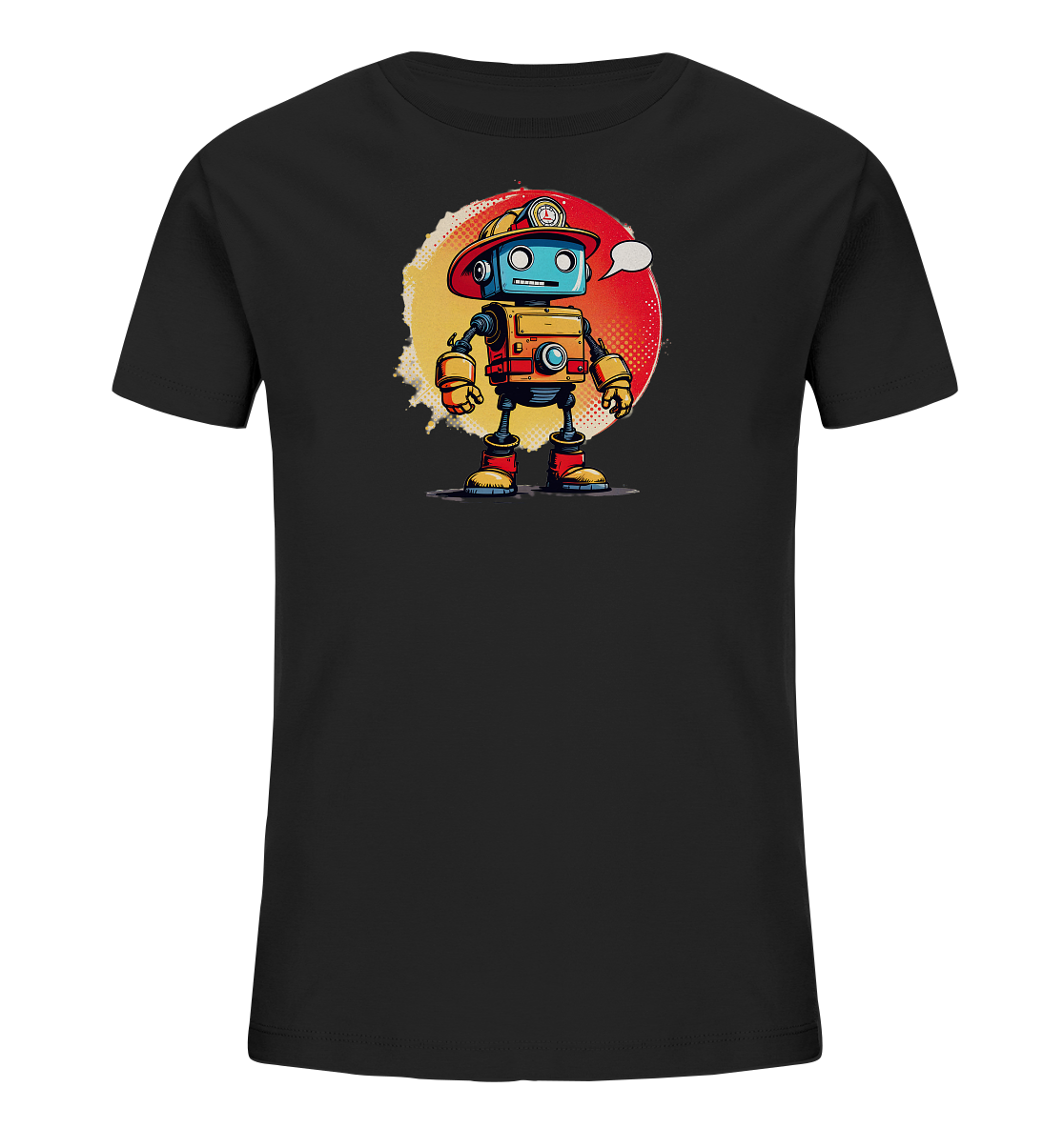 Onlineshop Shirts für Kinder - Das Bild zeigt ein schwarzes Kinder-T-Shirt mit einem auffälligen Druck auf der Vorderseite. Im Mittelpunkt des Designs steht ein farbenfroher, cartoonhafter Roboter, der als Feuerwehrmann dargestellt ist. Der Roboter trägt einen roten Feuerwehrhelm und hat einen Körper in Gelb und Rot mit blauen Details und großen Augen. Hinter dem Roboter befindet sich ein strukturierter, kreisförmiger Hintergrund, der von Gelb zu Rot verläuft und dem Motiv Tiefe verleiht.