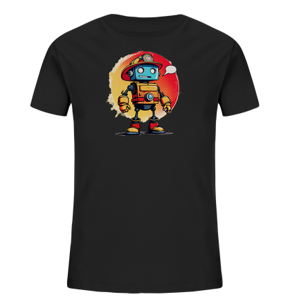Onlineshop Shirts für Kinder - Das Bild zeigt ein schwarzes Kinder-T-Shirt mit einem auffälligen Druck auf der Vorderseite. Im Mittelpunkt des Designs steht ein farbenfroher, cartoonhafter Roboter, der als Feuerwehrmann dargestellt ist. Der Roboter trägt einen roten Feuerwehrhelm und hat einen Körper in Gelb und Rot mit blauen Details und großen Augen. Hinter dem Roboter befindet sich ein strukturierter, kreisförmiger Hintergrund, der von Gelb zu Rot verläuft und dem Motiv Tiefe verleiht.