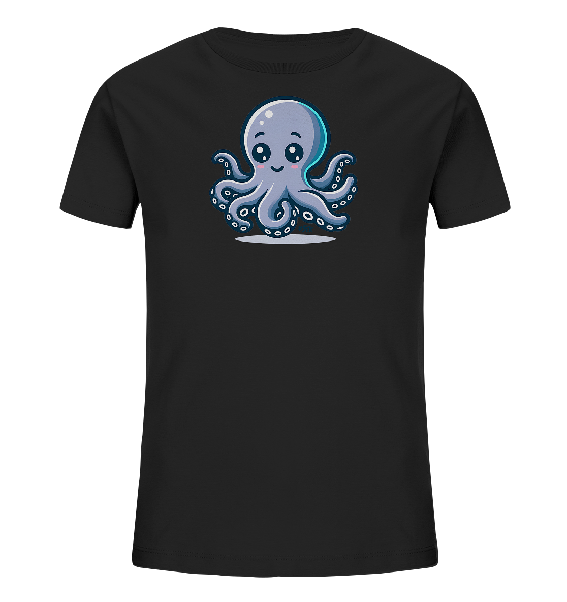 Onlineshop Shirts fuer Kinder - Das Bild zeigt ein schwarzes T-Shirt fuer Kinder mit einer niedlichen Illustration eines Kraken auf der Vorderseite. Der Cartoon-Krake ist hellgrau/blau gefaerbt, hat grosse Augen, rosa Wangen und ein freundliches Laecheln. Seine acht Tentakel sind symmetrisch angeordnet. Dieses Design verleiht dem Shirt einen verspielten Look.